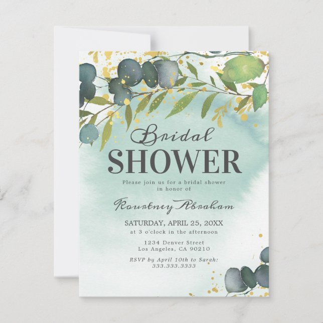 Dusty Eucalyptus Gold Bridal Shower Invitation (Front)