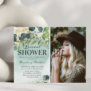 Dusty Eucalyptus Gold Photo Bridal Shower Invitation