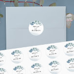 Dusty Eucalyptus Personalised Wedding Envelope Classic Round Sticker<br><div class="desc">Personalised wedding envelope seal with eucalyptus leaves, watercolor mist and hand lettering. This subtle and delicate watercolor design is personalised with the bride and groom names in classy typography, with "and" lettered in beautiful calligraphy. The seal is decorated with foliage and greenery in shades of dusty blue grey green with...</div>