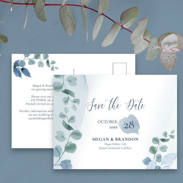 Dusty Eucalyptus Watercolor Greenery Wedding Save  Announcement Postcard (Creator Uploaded)