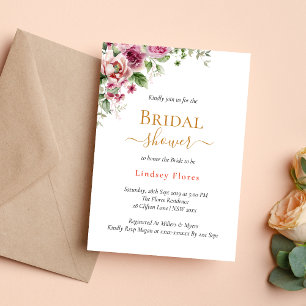 Dusty Floral Blush Pink Elegant Gold Bridal Shower Invitation