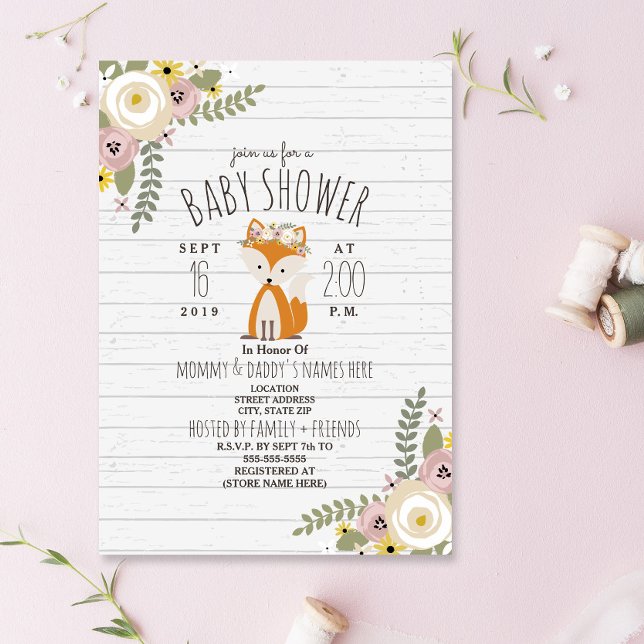 Dusty Floral Boho Fox Gray Wood Baby Shower Invitation (Creator Uploaded)
