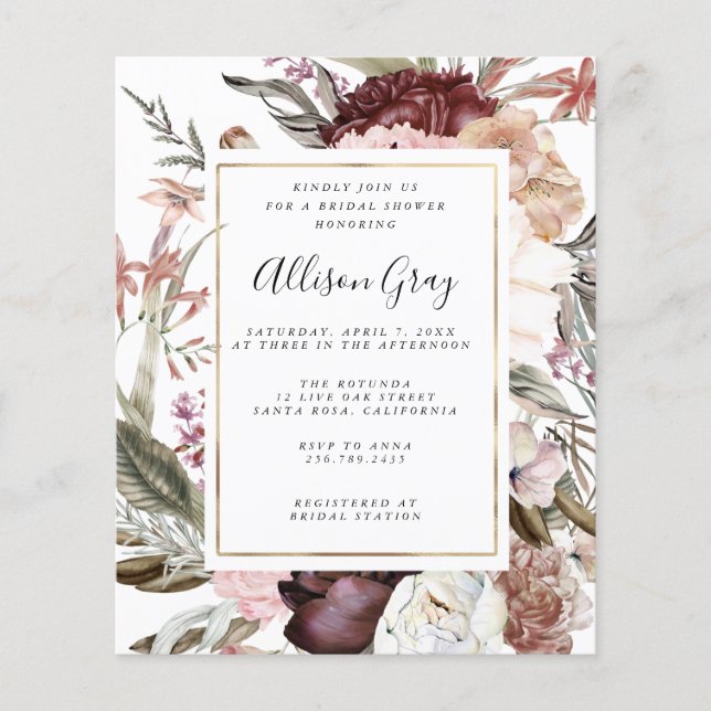Dusty Floral Bridal Shower | Budget  Flyer (Front)