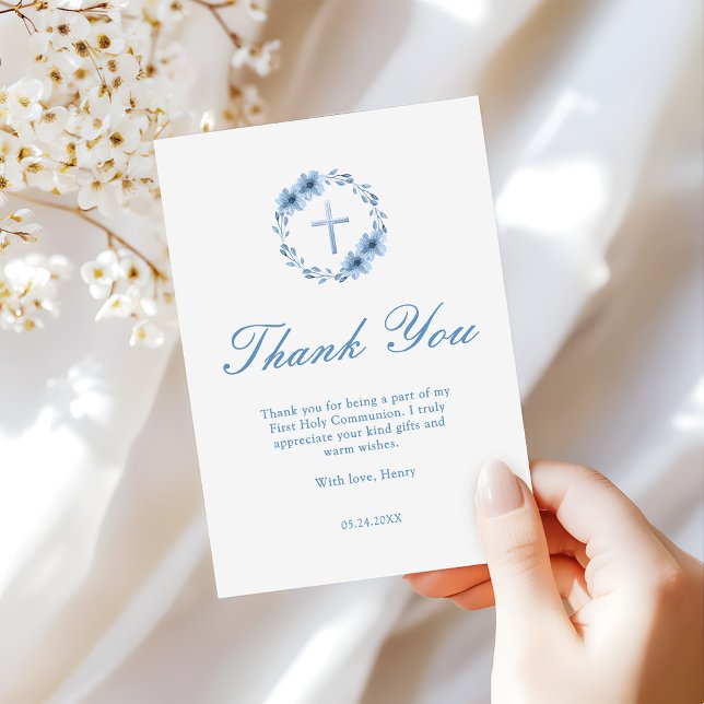 Dusty Floral Cross First Communion Thank You Card (Creator Uploaded)