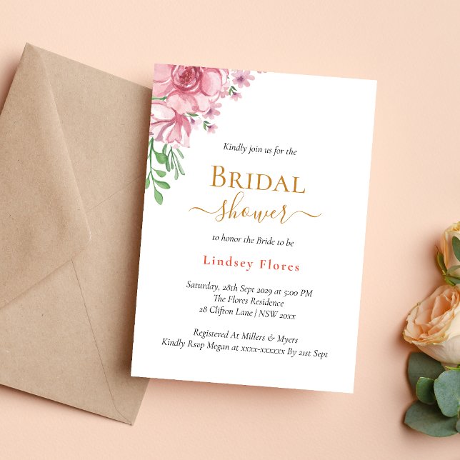 Dusty Floral Elegant Minimal Gold Bridal Shower Invitation (Creator Uploaded)