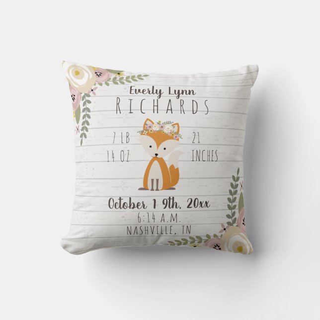 Dusty Floral Fox Baby Girl Birth Stats Cushion (Front)