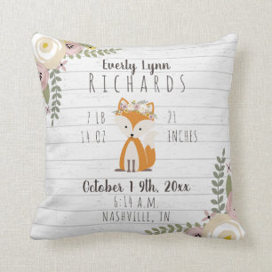 Dusty Floral Fox Baby Girl Birth Stats Cushion