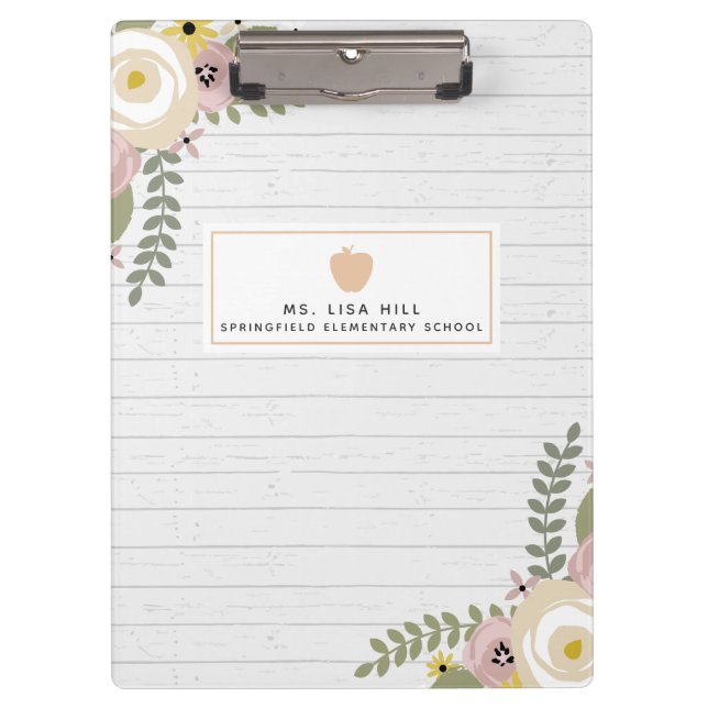 Dusty Floral Grey Wood Teacher Clipboard (Front)