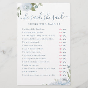 Dusty Floral He said She said bridal shower game