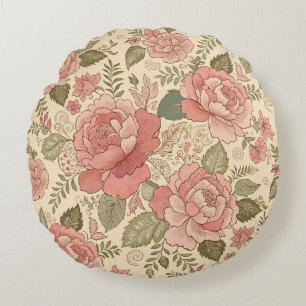 Dusty Floral Muse - Dusty Rose Sage Batik Style Round Cushion