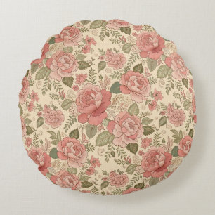 Dusty Floral Muse - Dusty Rose Sage Batik Style Round Cushion