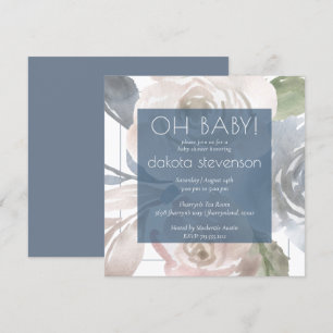 Dusty Floral Smoky Blue Cream Oh Baby Shower Invitation