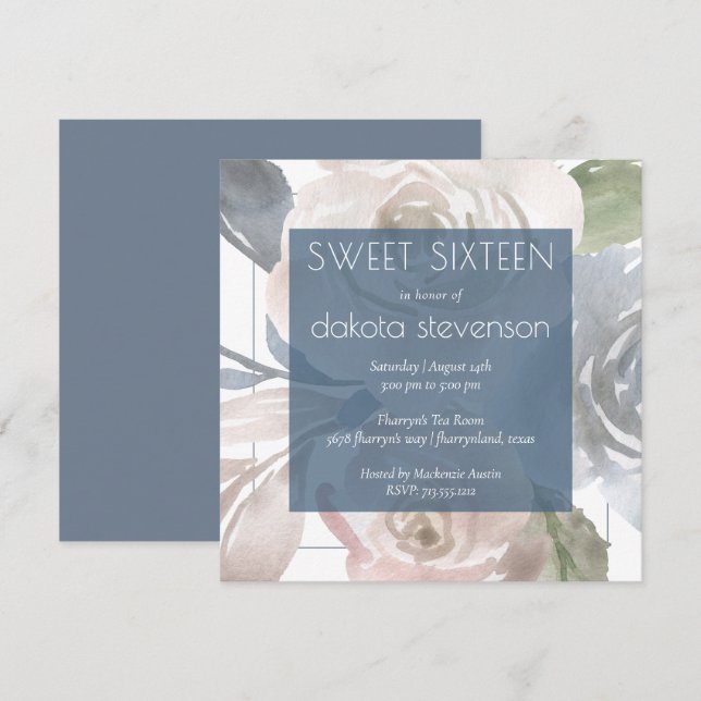 Dusty Floral | Smoky Blue Cream Sweet 16 Birthday Invitation (Front/Back)