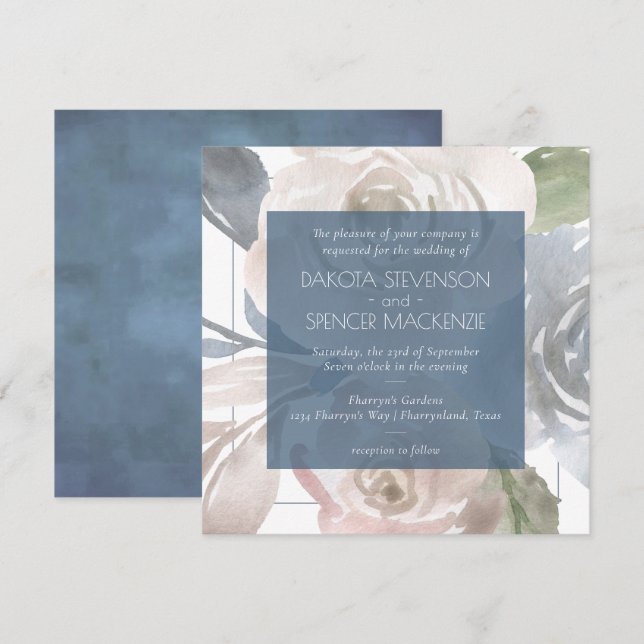 Dusty Floral | Smoky Blue Pastel Bouquet Wedding Invitation (Front/Back)