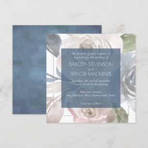 Dusty Floral   Smoky Blue Pastel Bouquet Wedding Invitation
