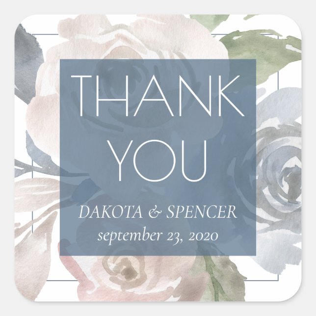 Dusty Floral | Smoky Blue Pastel Frame Thank You Square Sticker (Front)