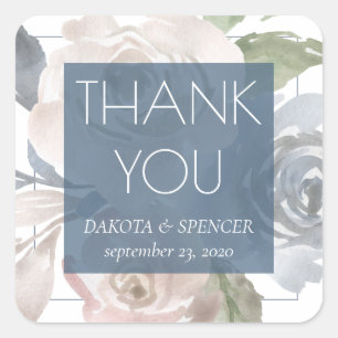 Dusty Floral Smoky Blue Pastel Frame Thank You Square Sticker