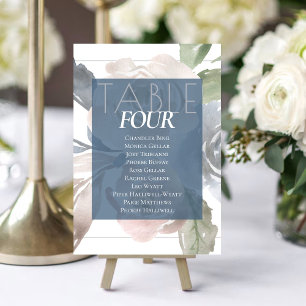 Dusty Floral   Smoky Blue Pastel Rose Guest Names Table Number