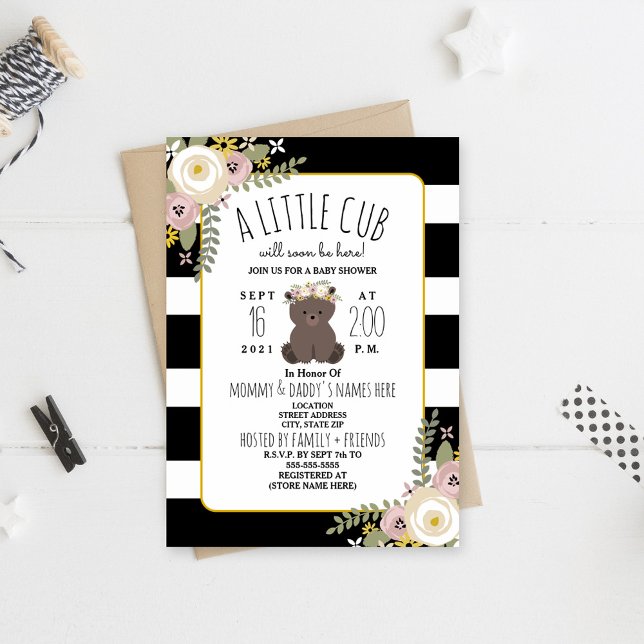 Dusty Floral Stripe Boho Bear Cub Baby Shower Invitation (Creator Uploaded)