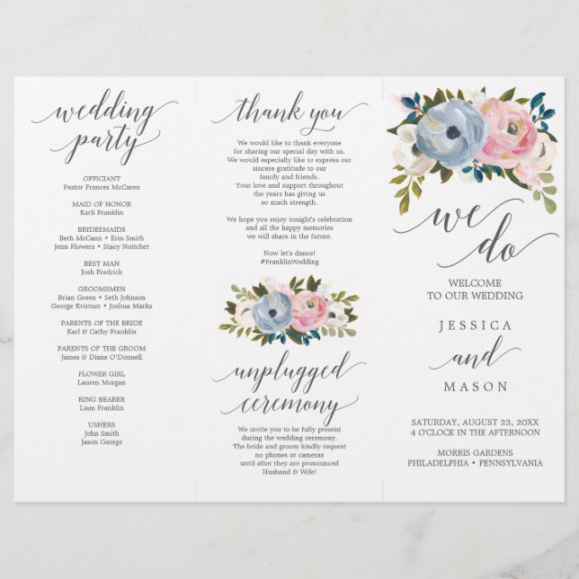 Dusty Floral Tri-Fold Wedding Program Flyer (Front)