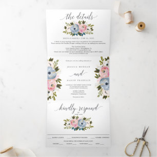 Dusty Floral Wedding Tri-Fold Invitations RSVP