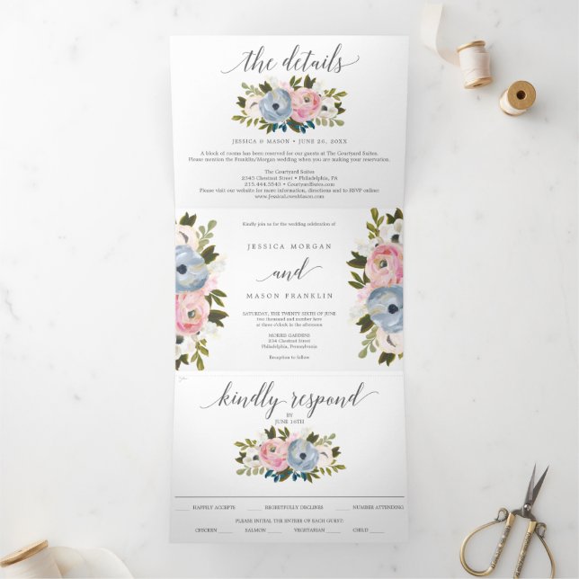 Dusty Floral Wedding Tri-Fold Invitations RSVP (Inside)