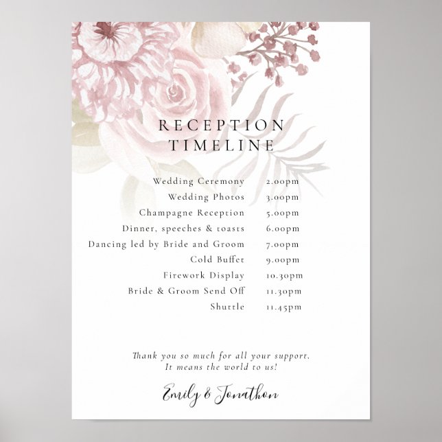 Dusty Florals Script Pink Reception Timeline Poster (Front)