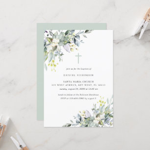Dusty Florals Soft GreeneryBaptism Invitation