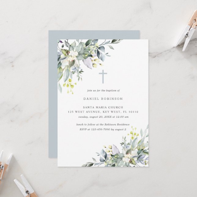Dusty  Florals Soft Grey Baptism Invitation (Front/Back In Situ)