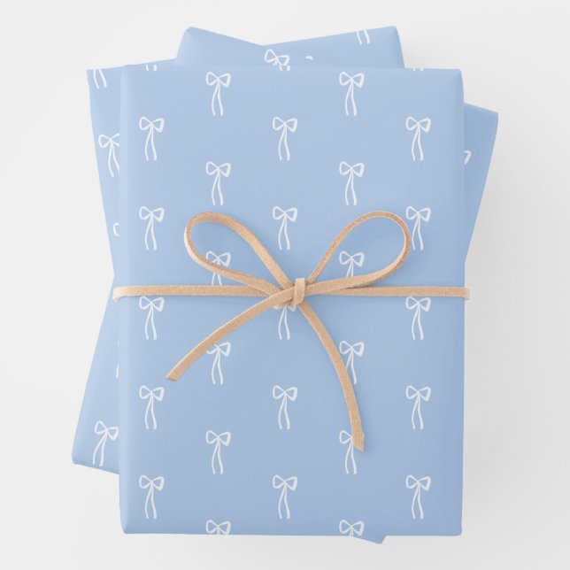 Dusty French Blue Christmas Classic Coquette Bow  Wrapping Paper Sheet (In situ)