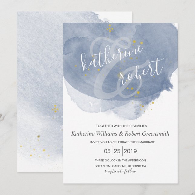 Dusty Gold and Blue Elegant Wedding Invitation (Front/Back)