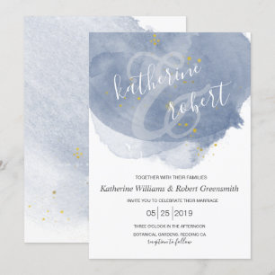 Dusty Gold and Blue Elegant Wedding Invitation