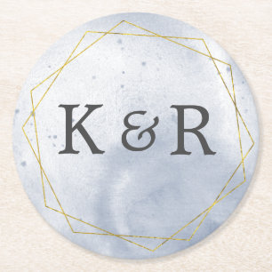 Dusty Gold and Blue Wedding Round Paper Coaster