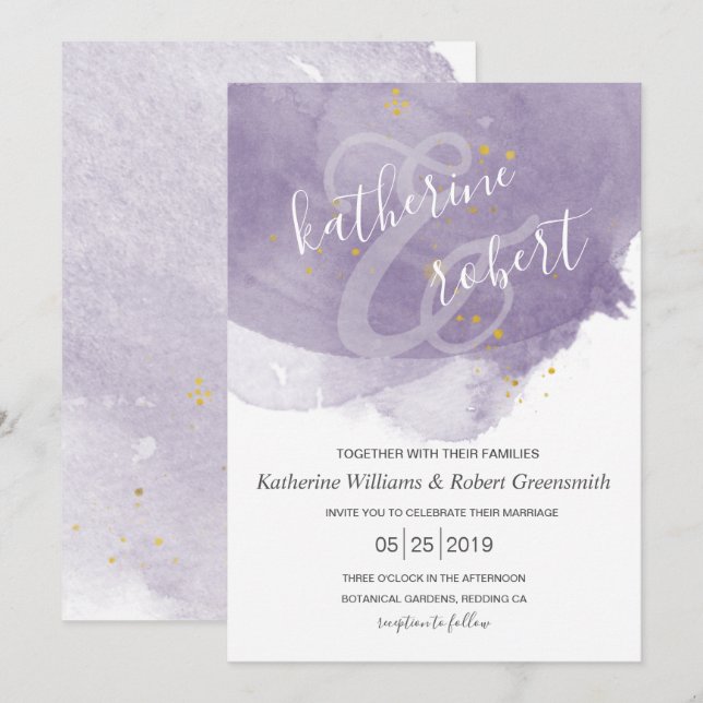 Dusty Gold and Purple Elegant Wedding Invitation (Front/Back)