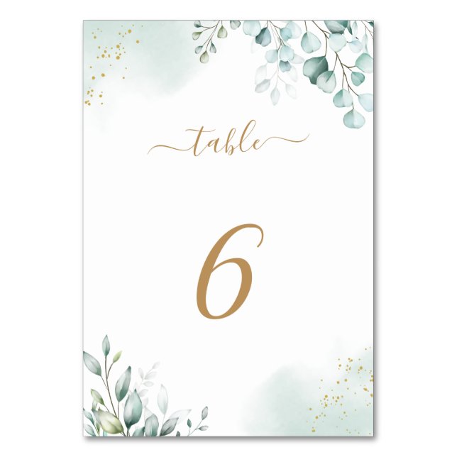 Dusty Gold Eucalyptus Leaves Greenery Wedding Table Number (Front)