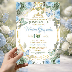 Dusty Green And Dusty Blue Floral Gold Quinceañera Invitation
