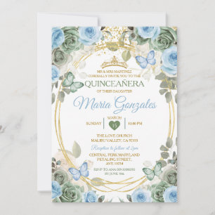 Dusty Green And Dusty Blue Floral Gold Quinceañera Invitation