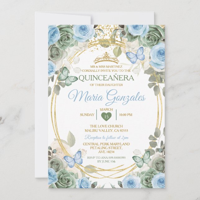 Dusty Green And Dusty Blue Floral Gold Quinceañera Invitation (Front)