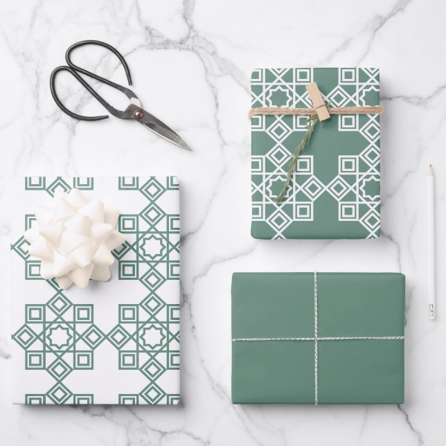 Dusty Green Arabesque Geometric Pattern Wrapping Paper Sheet (Front)