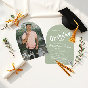 Dusty Green Arch Photo Graduation Party QR Code Invitation