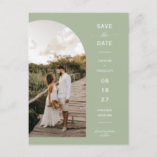 Dusty Green Arch Photo QR Code Save the Date Postcard