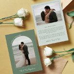 Dusty Green Arch Wedding Photo Love & Thanks Thank You Card<br><div class="desc">Beautiful and elegant photo thank you card to send to your wedding guests in green. Double sided wedding thank you card with two photos, one in an arch shaped frame with LOVE & THANKS written in a curve. Green wedding thank you card with your names in a modern pale green...</div>