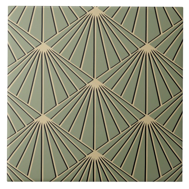Dusty Green Art Deco Fan Pattern Diamond Tile (Front)
