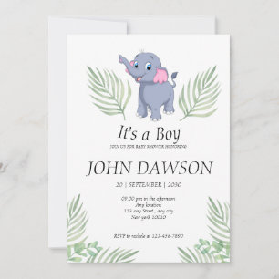 Dusty green baby elephant it's a Boy baby shower  Invitation