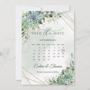 Dusty green blue succulents gold save the date