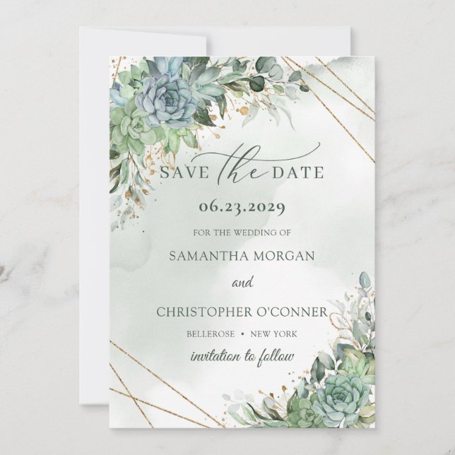 Dusty green blue succulents gold save the date (Front)