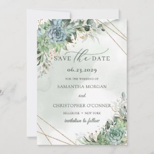 Dusty green blue succulents gold save the date