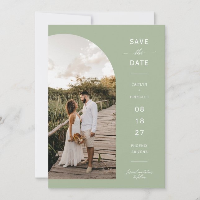 Dusty Green Boho Arch Photo QR Code Save the Date Invitation (Front)