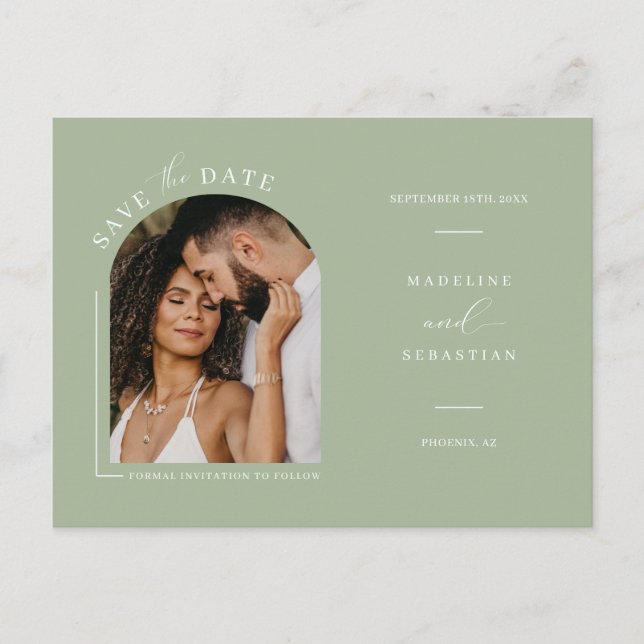 Dusty Green Boho Arch Photo QR Code Save the Date  Postcard (Front)