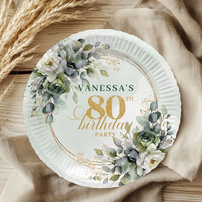 Dusty Green Boho Botanical 80th Birthday Plates (Dusty Green Boho Botanical 80th Birthday Plates)